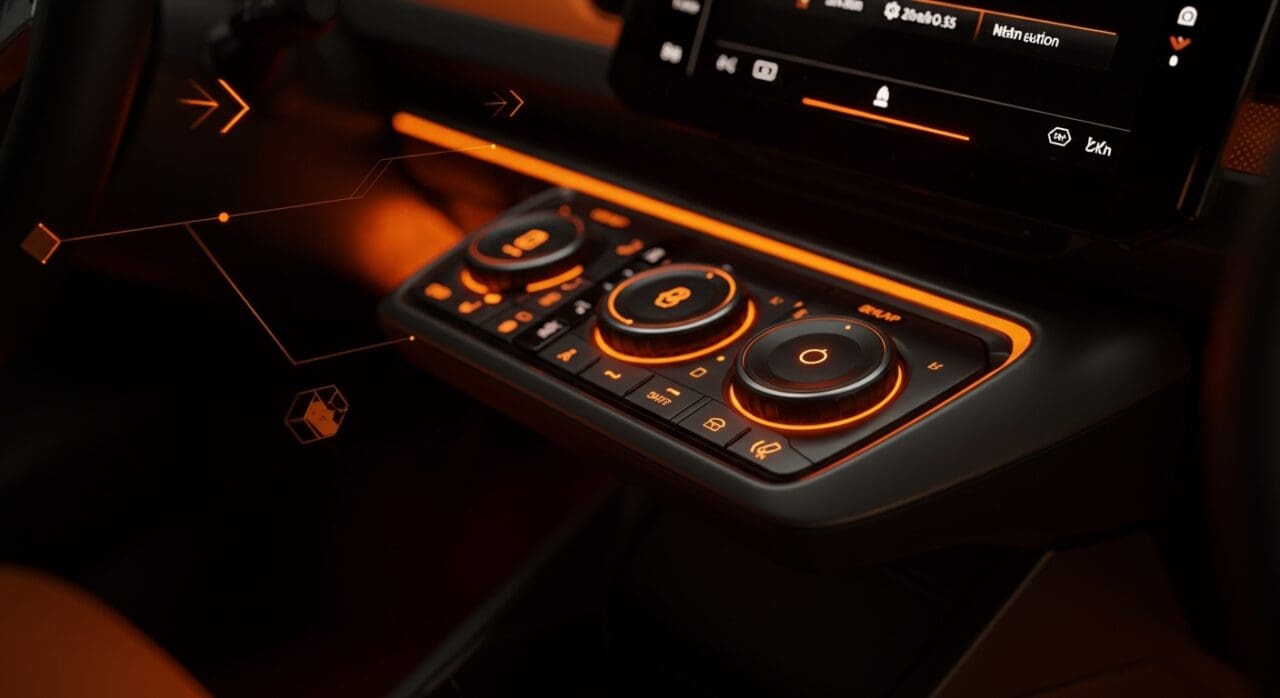 Dashboard del Volkswagen ID. Polo 2026 con botones físicos destacando tendencias de diseño interior y experiencia de usuario en vehículos eléctricos.
