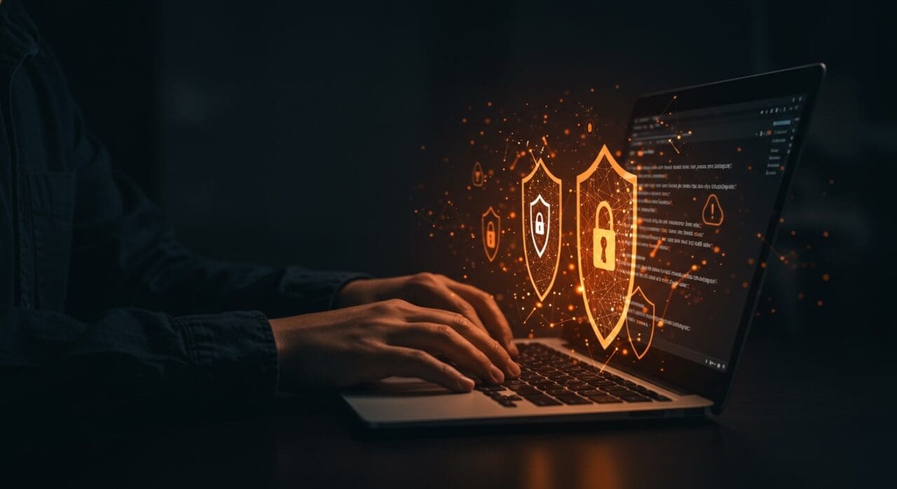 Código y escudos digitales representando parches y seguridad en vulnerabilidades CVE de Svelte para startups SaaS.