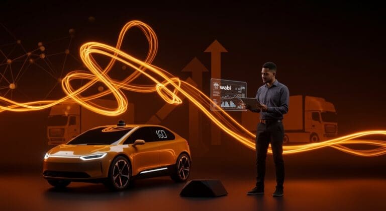 Robotaxi autónomo futurista y fundador de startup simbolizando la alianza estratégica y la financiación de Waabi con Uber en tecnología de movilidad.