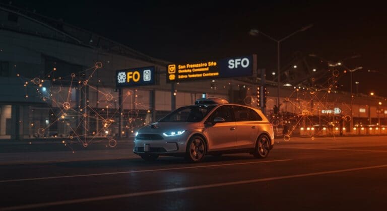 Robotaxi autónomo Waymo operando en el aeropuerto SFO, representando movilidad autónoma e innovación tecnológica.