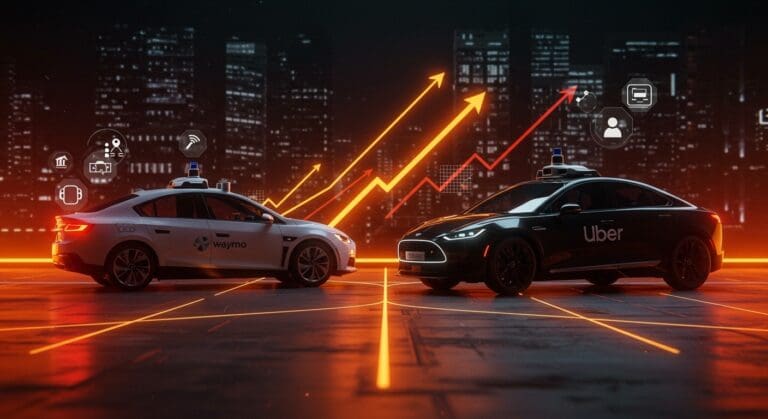 Diferencia de precios en movilidad autónoma entre Waymo y Uber representada con vehículos autónomos y elementos digitales en paleta naranja y negro.