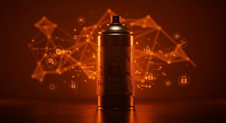 WD-40 con símbolos abstractos de propiedad intelectual e innovación en una escena editorial con luz naranja y negro destacando la fórmula secreta y estrategia exclusiva.