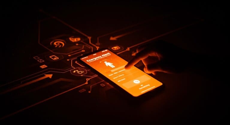 Optimización móvil y web performance ilustrada con una interfaz de emergencia accesible durante el huracán Helene, destacando velocidad y experiencia usuario en startups.