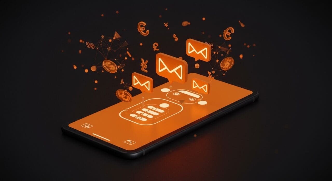 WhatsApp cobrando por mensajes de chatbots de IA en Italia, ilustración conceptual de modelos de negocio y tecnología AI.