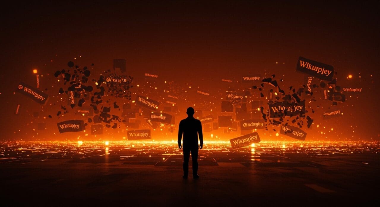 Imagen editorial que representa la integridad y manipulación de datos en Wikipedia relacionada con el caso Gang of 40 y la moderación en comunidades online.