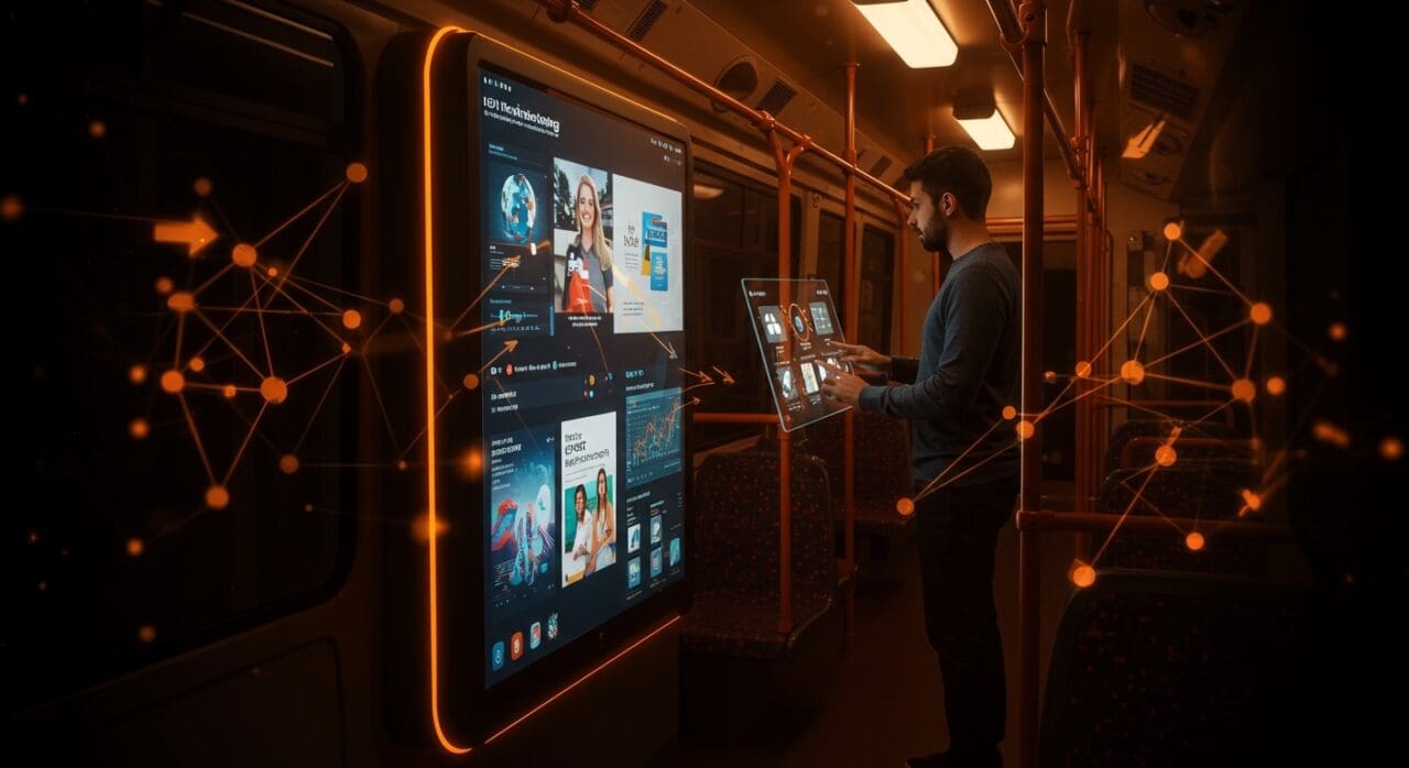 Publicidad digital innovadora en transporte con pantallas inteligentes impulsada por startup WorldAware en movilidad y marketing digital.