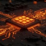 Primer plano hiperrealista de la DPU Xsight Labs E1 con 64 núcleos Arm Neoverse y conectividad 800G, simbolizando IA aplicada y hardware emergente para automatización y redes.