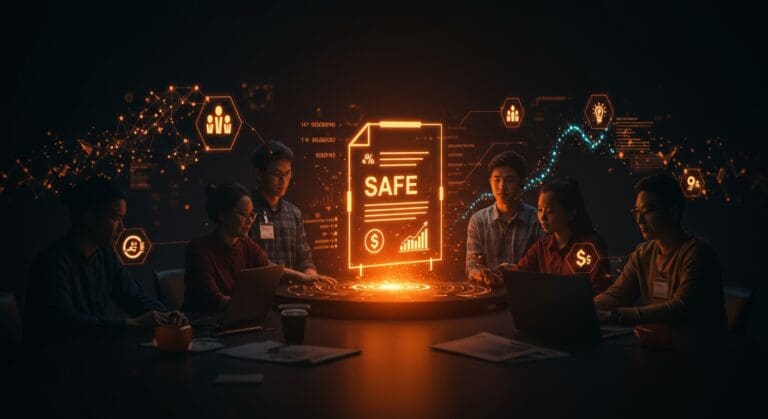 Fundadores de startup hispanos colaborando con confianza bajo una proyección digital del SAFE, simbolizando inversión y financiación en el ecosistema startup.