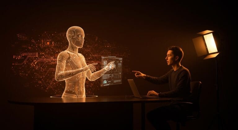 Creador de contenido usando inteligencia artificial para generar avatar en YouTube Shorts, destacando automatización y tendencias tech.