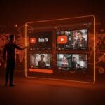 Pantalla digital personalizada de YouTube TV multiview mostrando cuatro canales en streaming, simbolizando la tendencia tecnológica y el impacto en founders tech de LATAM.