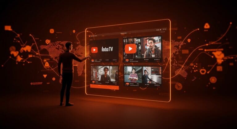 Pantalla digital personalizada de YouTube TV multiview mostrando cuatro canales en streaming, simbolizando la tendencia tecnológica y el impacto en founders tech de LATAM.