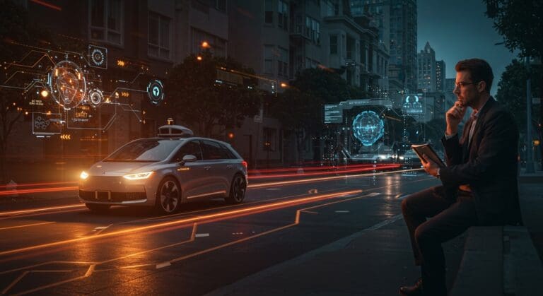 Robotaxi de Zoox en San Francisco ilustrando desafíos de movilidad autónoma, seguridad y regulación para startups de tecnología.