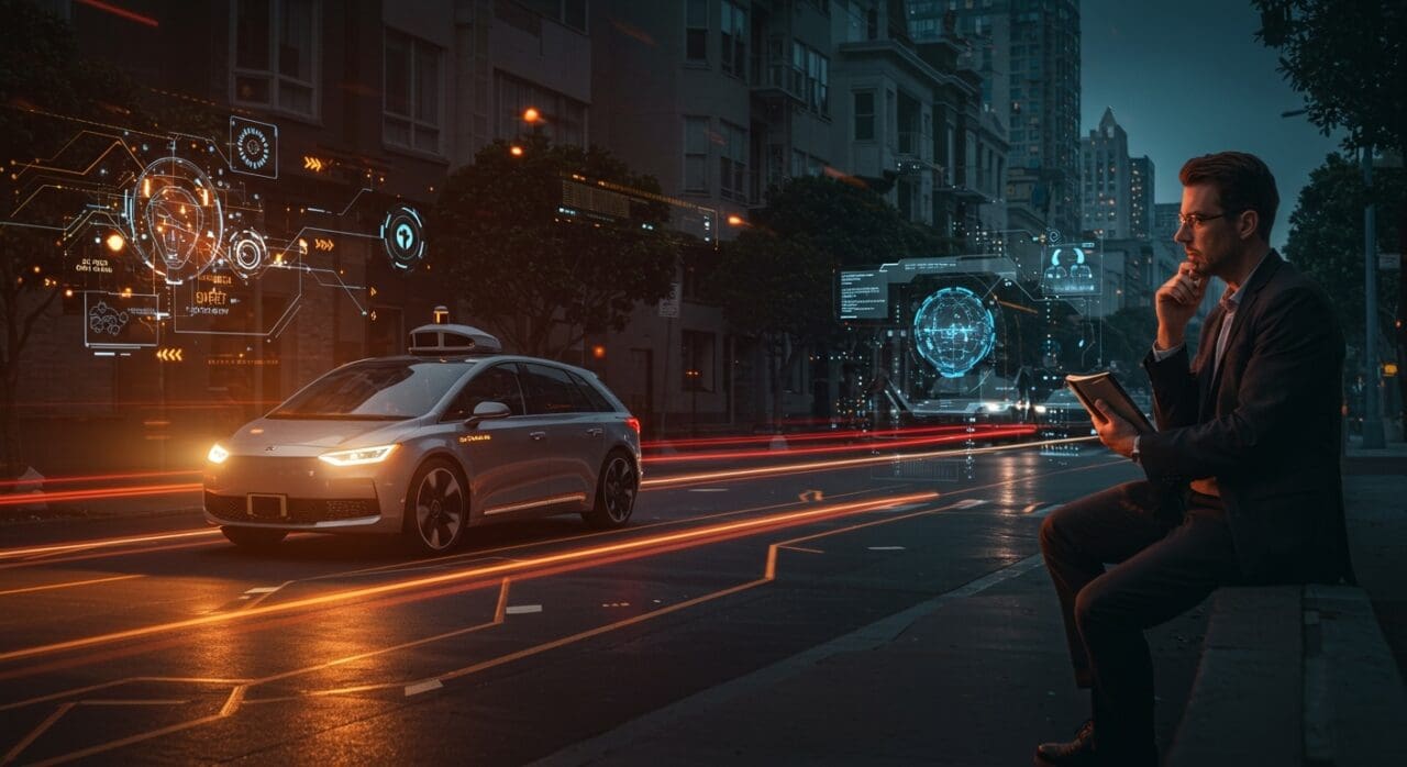 Robotaxi de Zoox en San Francisco ilustrando desafíos de movilidad autónoma, seguridad y regulación para startups de tecnología.