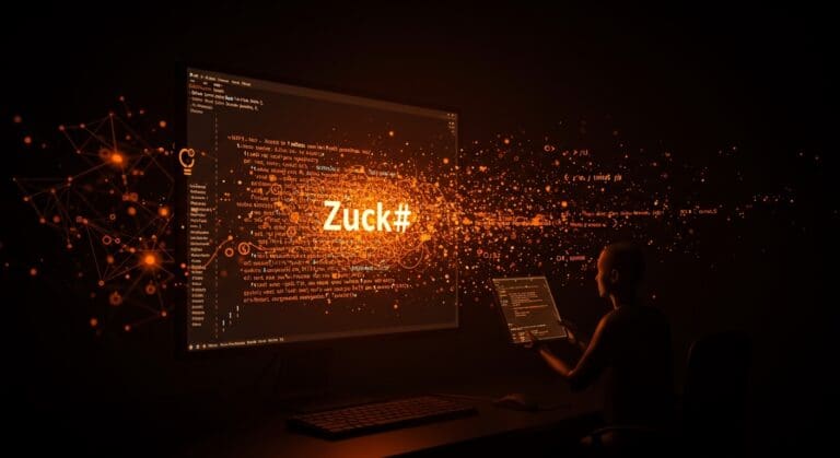 Representación satírica de Zuck#, un lenguaje de programación criticando la privacidad y explotación de datos en tecnología, con enfoque en innovación ética.