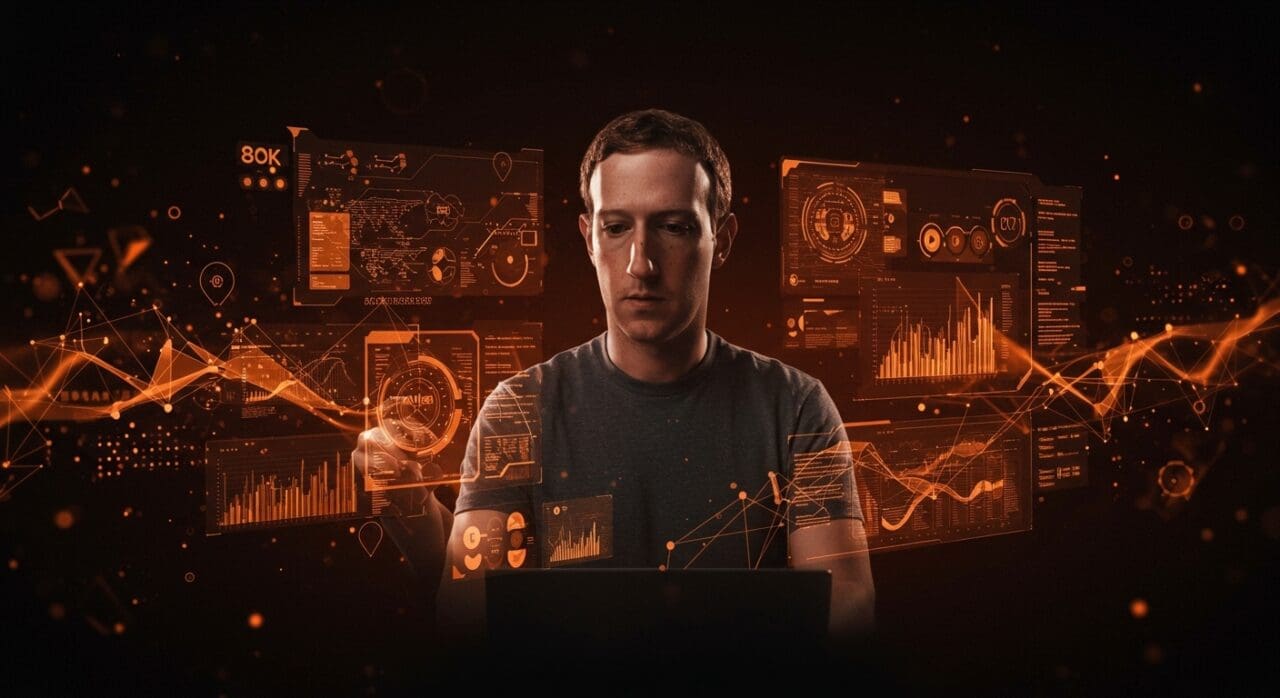 Mark Zuckerberg frente a interfaz digital futurista representando la inteligencia artificial aplicada y herramientas de comercio agente para startups hispanas en 2026.
