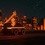 Robotaxi futurista en ciudad iluminada, simbolizando la inversión de 16 mil millones para movilidad autónoma de Waymo.