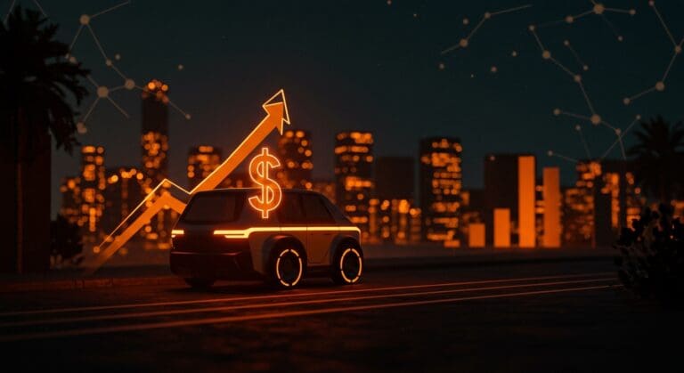 Robotaxi futurista en ciudad iluminada, simbolizando la inversión de 16 mil millones para movilidad autónoma de Waymo.