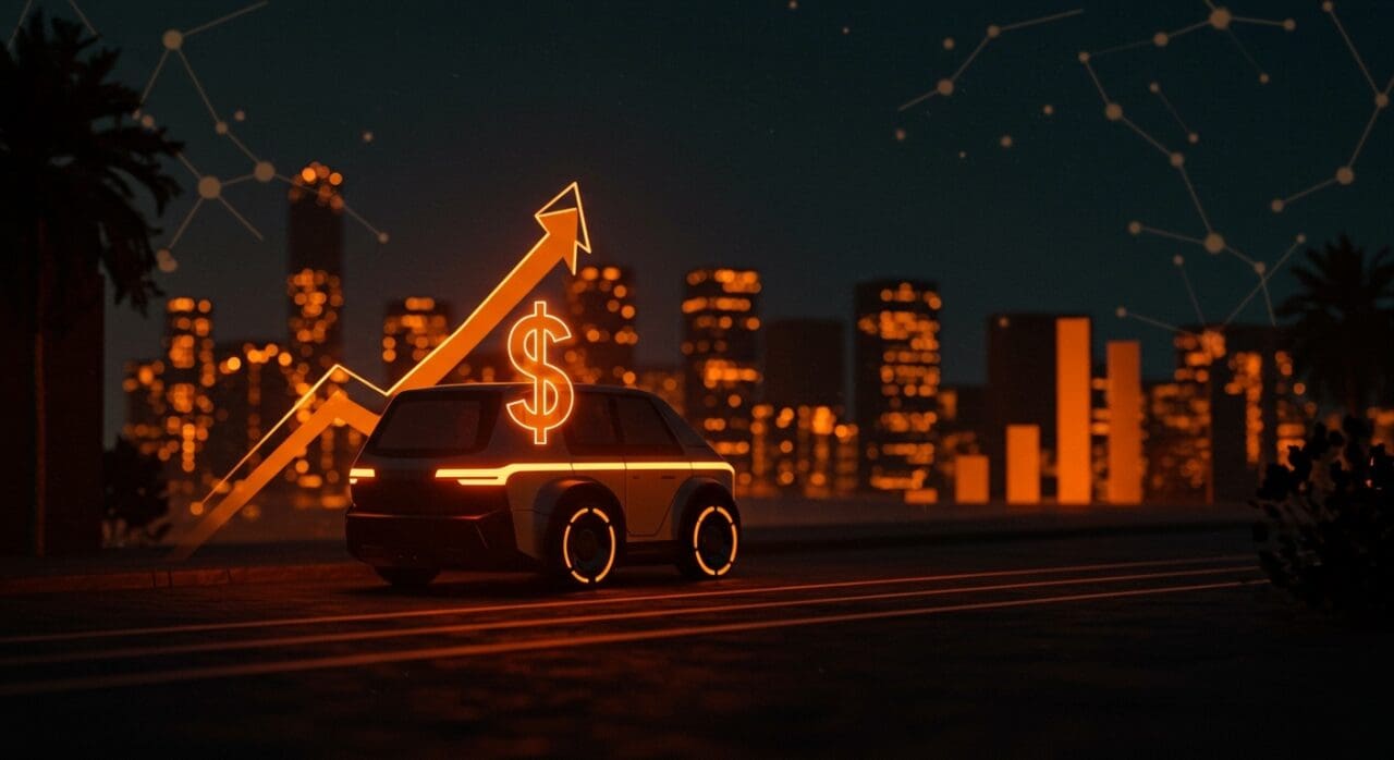 Robotaxi futurista en ciudad iluminada, simbolizando la inversión de 16 mil millones para movilidad autónoma de Waymo.