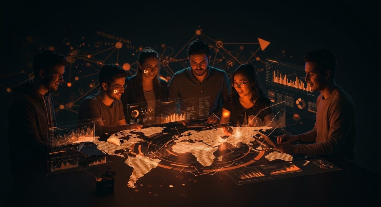 Estrategias de internacionalización de startups colombianas mostrando colaboración y expansión en mercados internacionales con visuales tecnológicos.