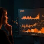 Fundadora analizando métricas reales de ARR en una startup SaaS con visuales de crecimiento y funding en estilo editorial naranja y negro.