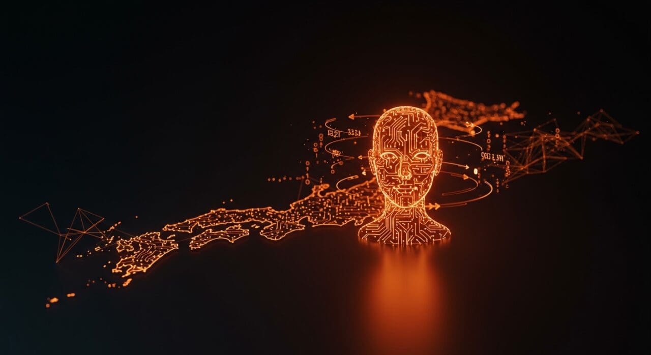 Avatar de compañero virtual de IA de Shizuku AI iluminado con motivos tecnológicos en tonos naranja y negro, destacando la inversión de a16z en la primera startup japonesa de IA.