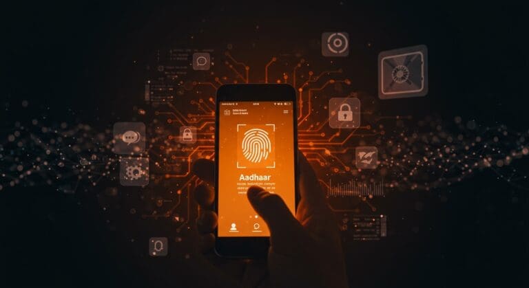 Interfaz de la aplicación Aadhaar mostrando verificación biométrica, representando la expansión de la identidad digital y la privacidad en India.