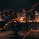 Startup tech founders colaborando con interfaces holográficas de IA personalizable usando el estándar abierto Agent Skills para automatización y workflows AI.