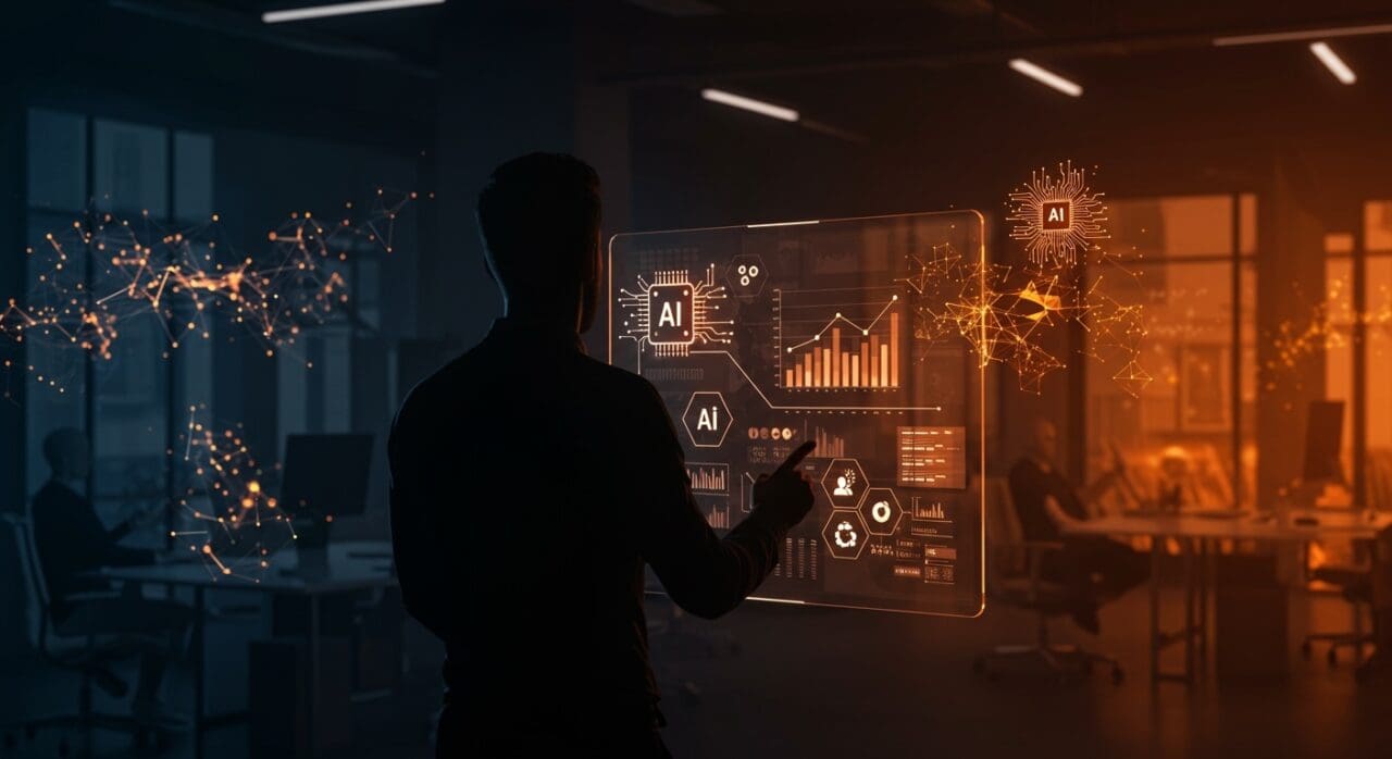 CEO tech en entorno futurista visualizando estrategias de inteligencia artificial y transformación digital en startups.