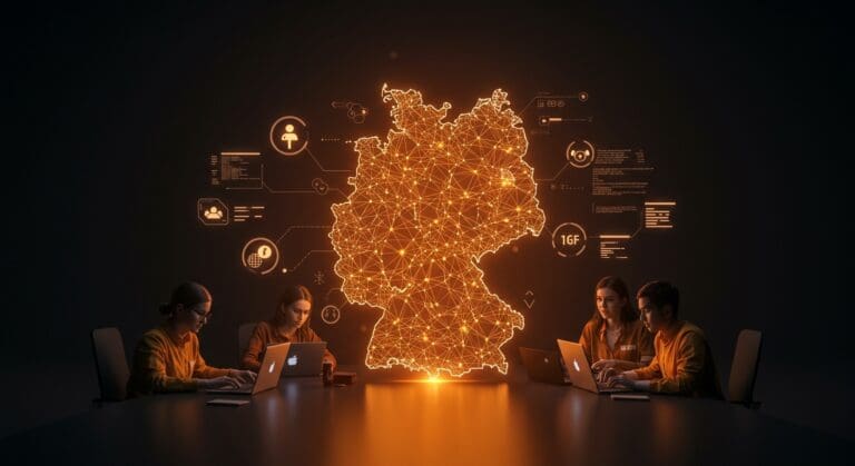 Contribuciones a open source en Alemania representadas como voluntariado digital con apoyo institucional y beneficios fiscales.