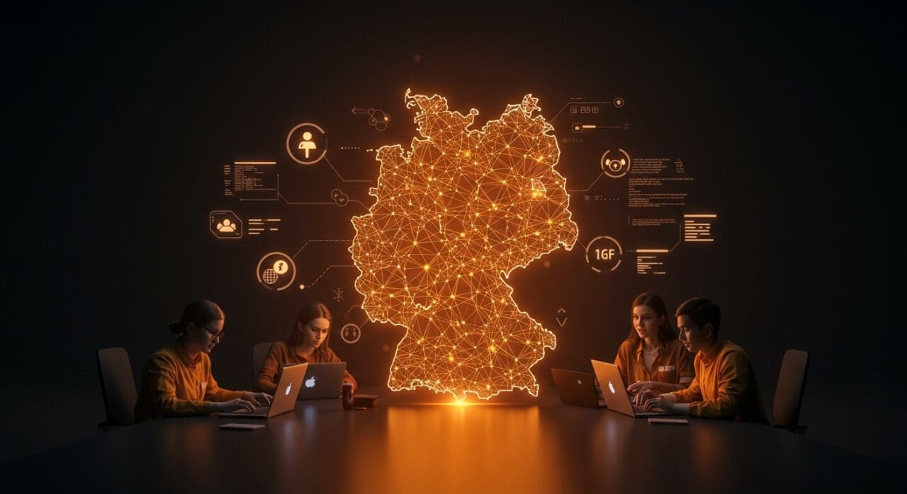 Contribuciones a open source en Alemania representadas como voluntariado digital con apoyo institucional y beneficios fiscales.