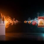 Comparación visual entre alimentos ultraprocesados y cigarrillos representando riesgos para la salud pública y regulación en consumo.