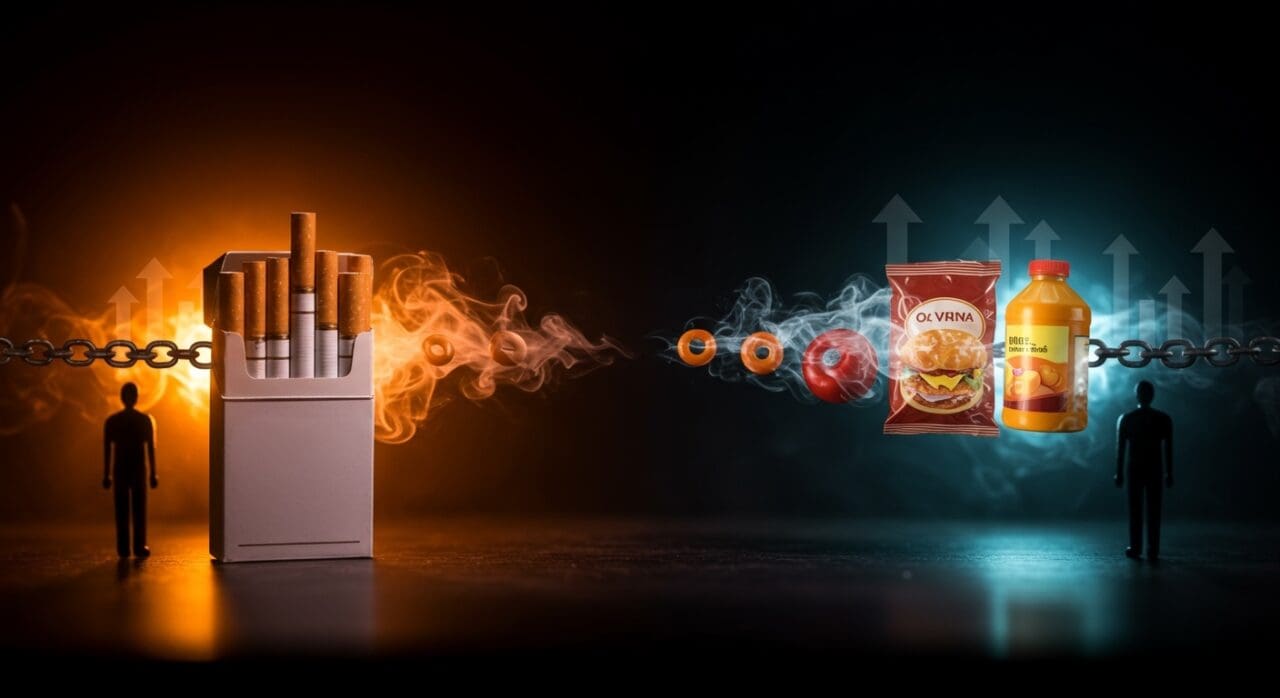 Comparación visual entre alimentos ultraprocesados y cigarrillos representando riesgos para la salud pública y regulación en consumo.