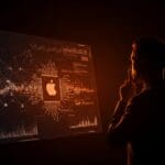 Ejecutivo reflexionando frente a redes neuronales digitales que simbolizan alianzas estratégicas de IA entre Alphabet y Apple en el mercado tecnológico.