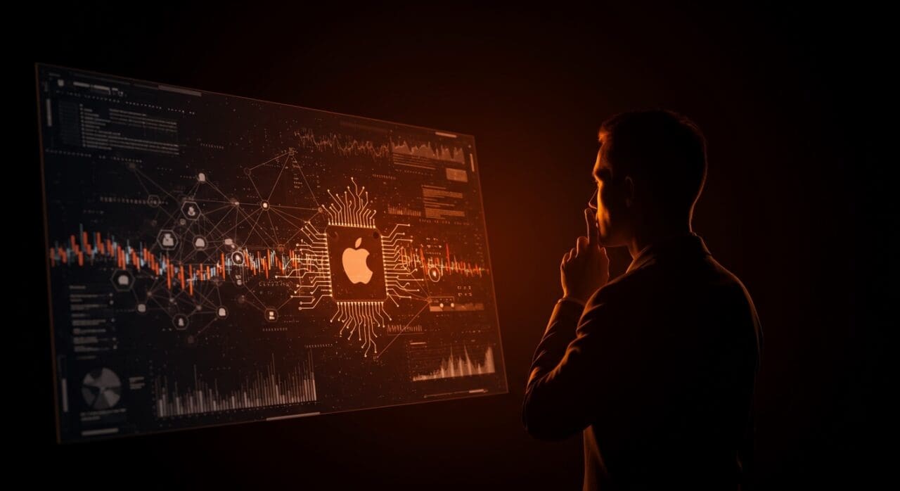 Ejecutivo reflexionando frente a redes neuronales digitales que simbolizan alianzas estratégicas de IA entre Alphabet y Apple en el mercado tecnológico.