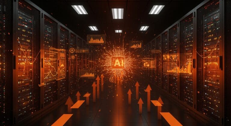 Inversión récord en IA de Amazon y Google mostrada con centros de datos futuristas y redes neuronales abstractas en colores naranja y negro.