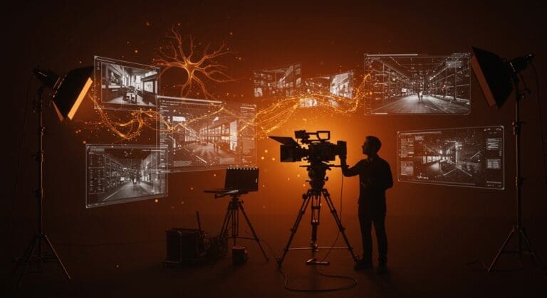 Escena futurista de producción audiovisual con herramientas IA de Amazon MGM Studios, destacando la innovación en automatización y producción de contenido para cine y televisión.