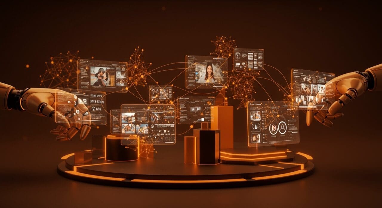 Marketplace digital de Amazon para licenciar contenido a empresas de inteligencia artificial en un entorno futurista con interfaces holográficas y redes neuronales.