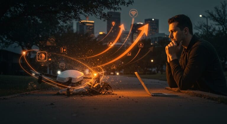 Dron de entrega Amazon Prime Air chocando en Richardson Texas simbolizando gestión de crisis y oportunidades en logística autónoma para startups.