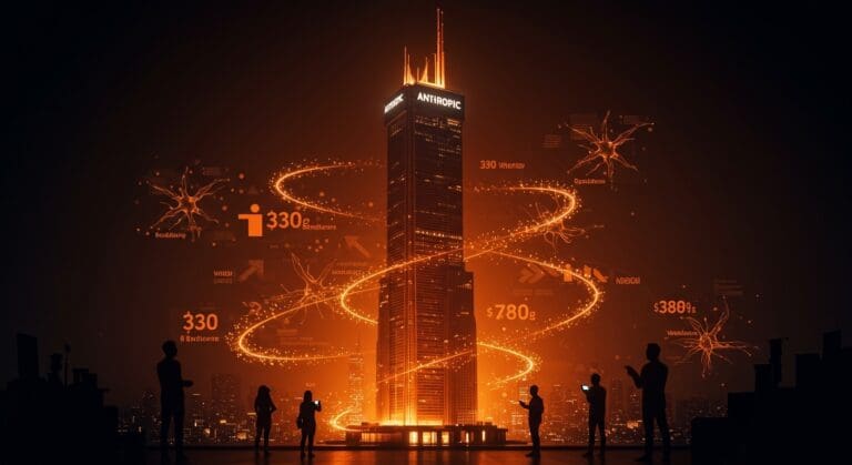 Imagen destacada de la ronda Serie G de Anthropic de 30 mil millones y valuación de 380 mil millones con metáforas visuales de inversión y redes de inteligencia artificial.