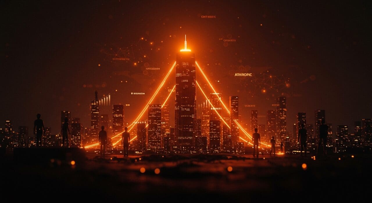 Visualización de la inversión en IA con edificio iluminado simbolizando la valoración de Anthropic y flujos de financiación en ecosistema de startups tecnológicas.