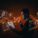 Founder tecnológico frente a paneles digitales que muestran interrupciones en la API de Anthropic, representando resiliencia y aprendizaje en startups de IA.