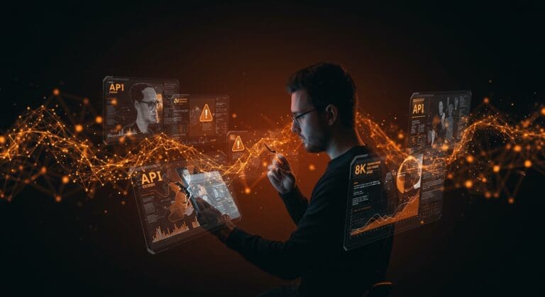 Founder tecnológico frente a paneles digitales que muestran interrupciones en la API de Anthropic, representando resiliencia y aprendizaje en startups de IA.