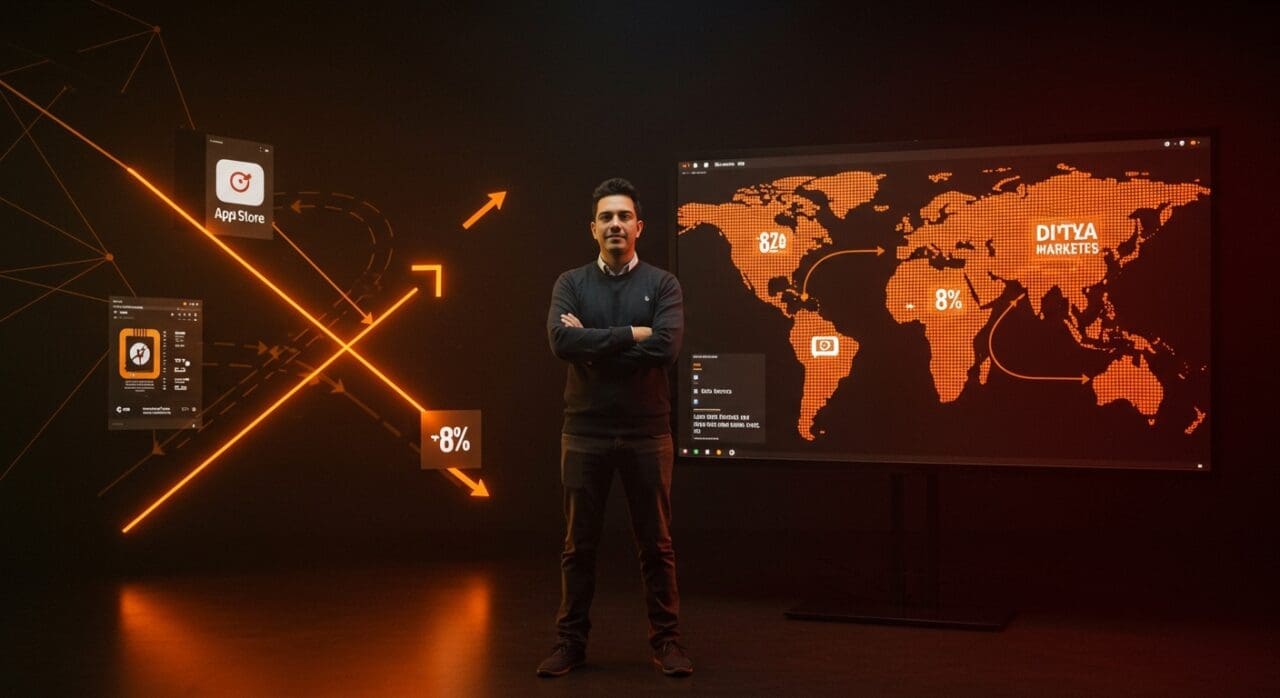 Founder latinoamericano frente a interfaces digitales con representaciones del App Store alternativo y reducción de comisiones en el ecosistema startup LATAM.