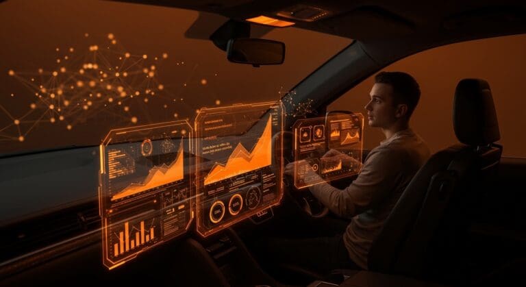 Software de conducción autónoma de Applied Intuition representado por un vehículo futurista con interfaces digitales y un fundador observando datos, ilustrando innovación en movilidad autónoma y startups tecnológicas.