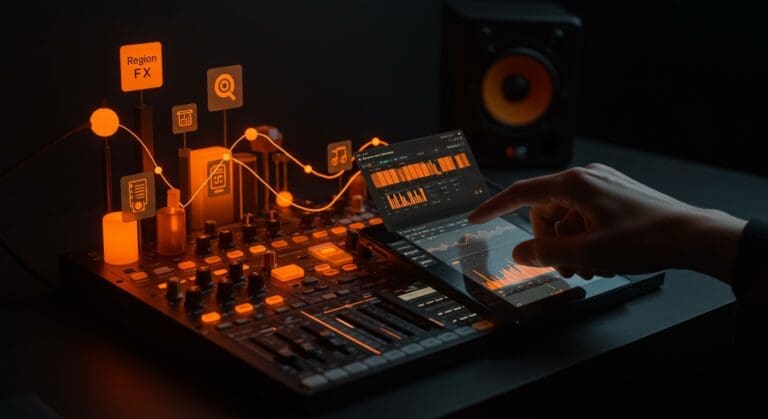 Interfaz digital de Ardour 9.0 mostrando Region FX, pianoroll independiente y multitouch, destacando DAW open source para producción musical y herramientas para founders.