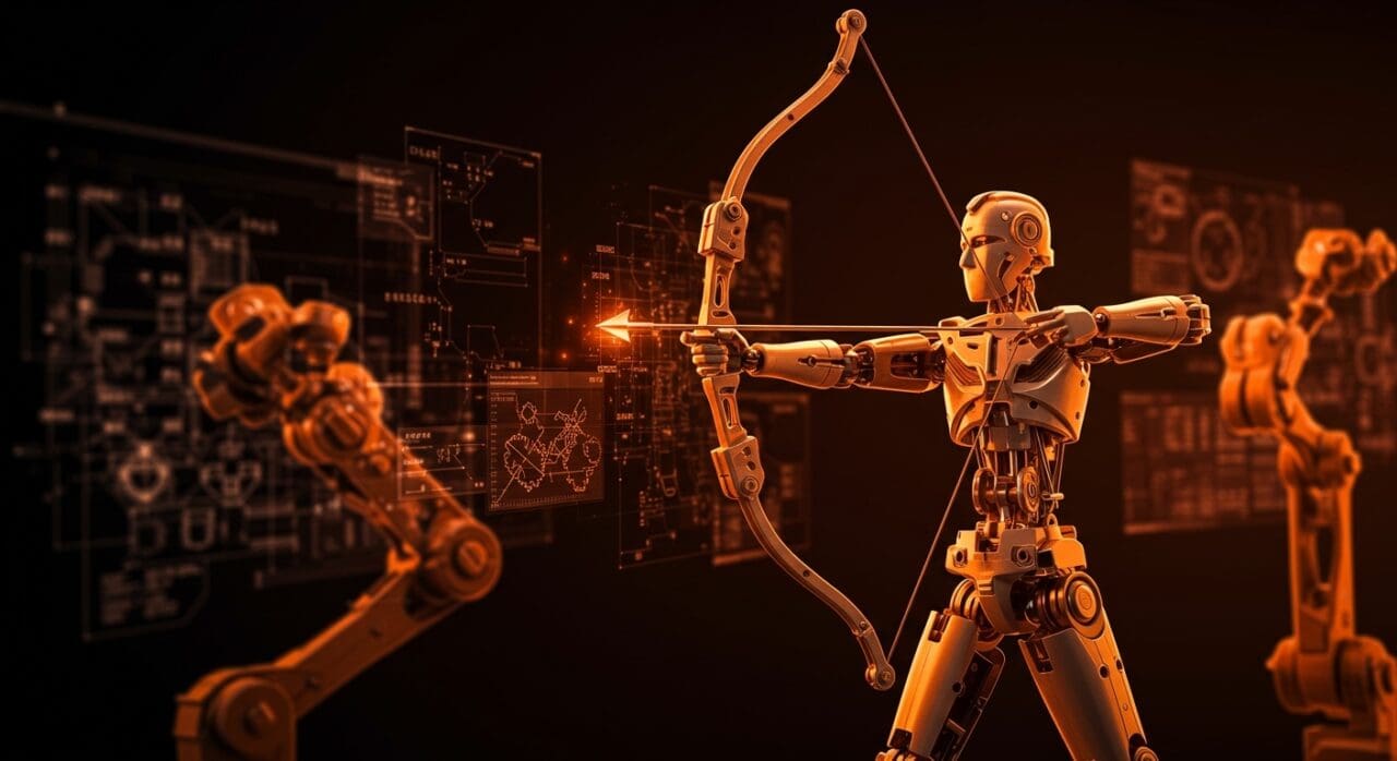 Autómata arquero mecánico articulado ilustrando conceptos de automatización mecánica, prototipado y manufactura digital para startups hardware.