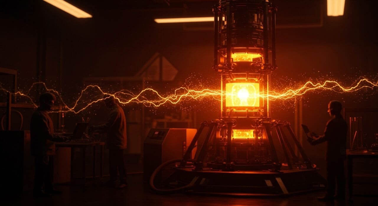 Mini-reactor de fusión innovador rodeado de flujos de energía, simbolizando financiación e innovación en energía limpia para startups tecnológicas.