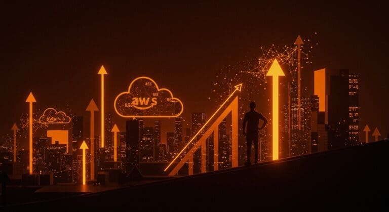 Crecimiento de ingresos de AWS impulsado por IA, mostrando infraestructura cloud y escalabilidad para startups tecnológicas.