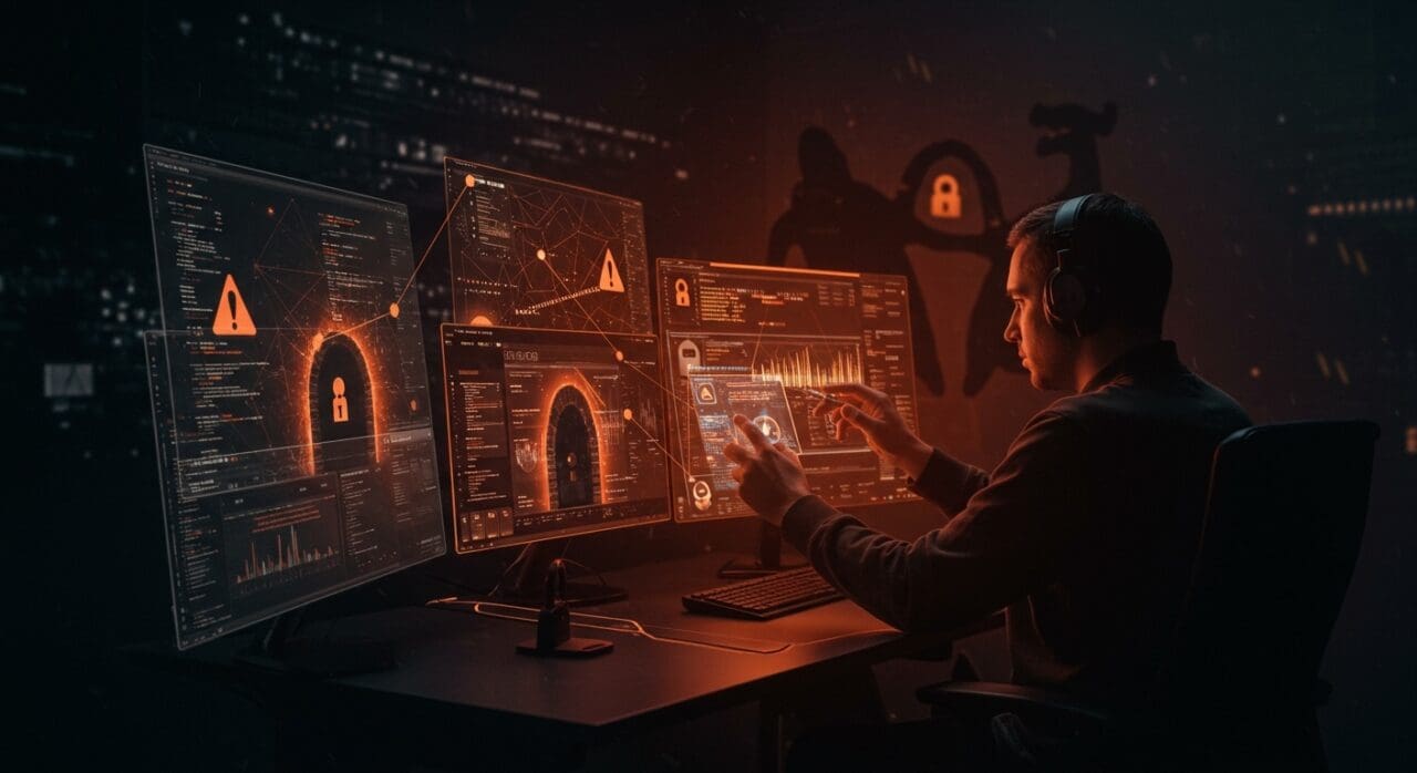 Especialista en ciberseguridad monitoreando backdoors dormidos en Ivanti EPMM con alertas sobre vulnerabilidades críticas en startups tech.