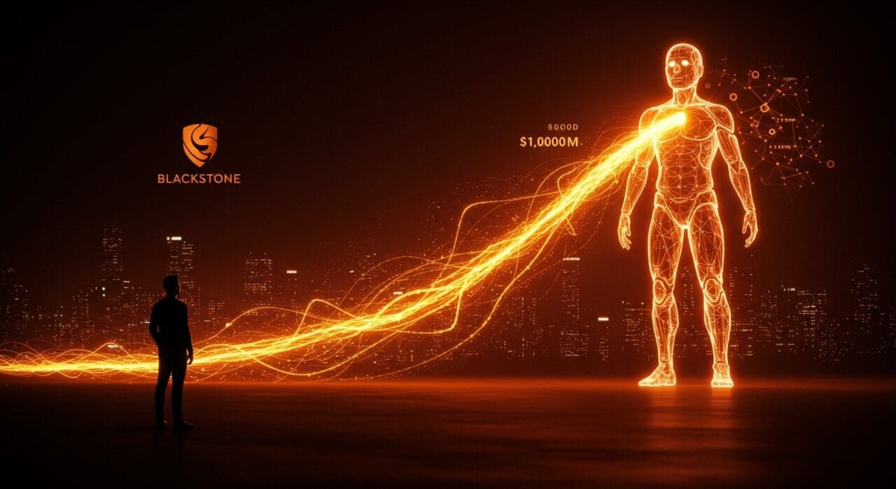 Inversión de Blackstone en Anthropic representada por un fundador frente a una figura de IA generativa iluminada, simbolizando financiación y crecimiento en startups tecnológicas.